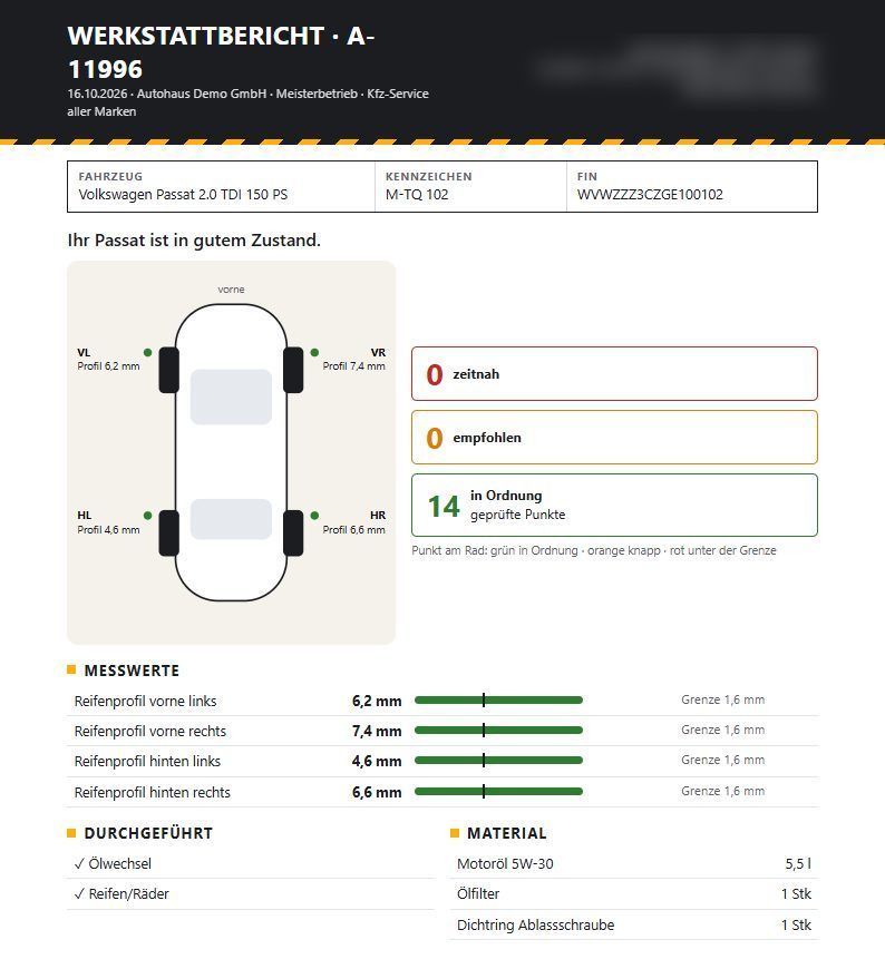 Werkstattbericht als PDF mit Fahrzeugdaten, Reifenprofil je Rad, Messwerten, durchgeführten Arbeiten und Material.