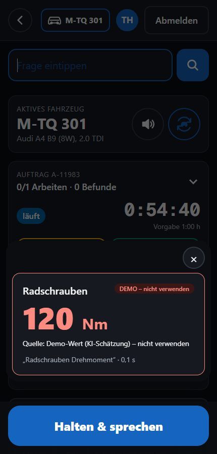 TorQ auf dem Handy: Der Monteur fragt nach dem Drehmoment der Radschrauben, TorQ zeigt den Wert mit Quellenangabe.