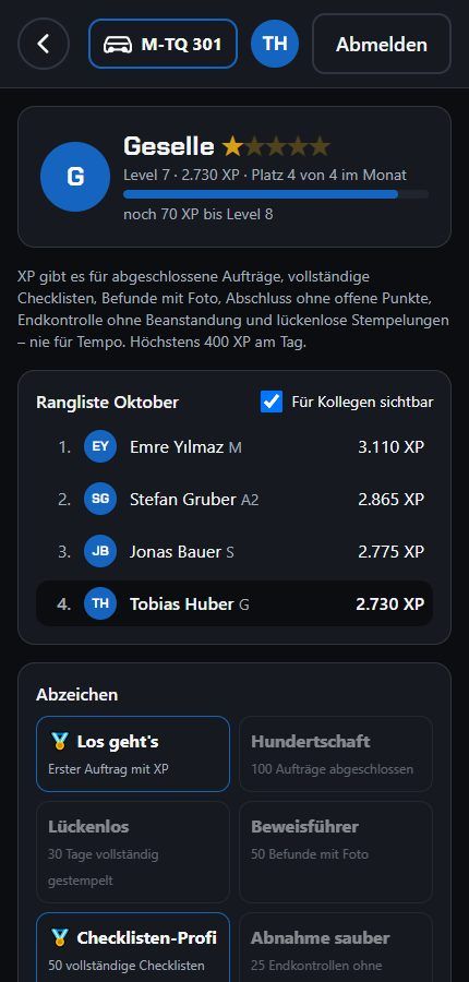 Ränge und Abzeichen in der Monteur-Ansicht mit Level, XP und Rangliste, Demo-Namen.